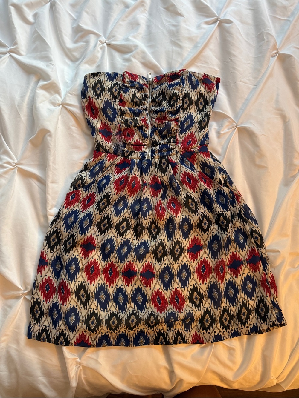 Strapless Aztec Print Dress - Red, Navy & Black Zip Up Pocket